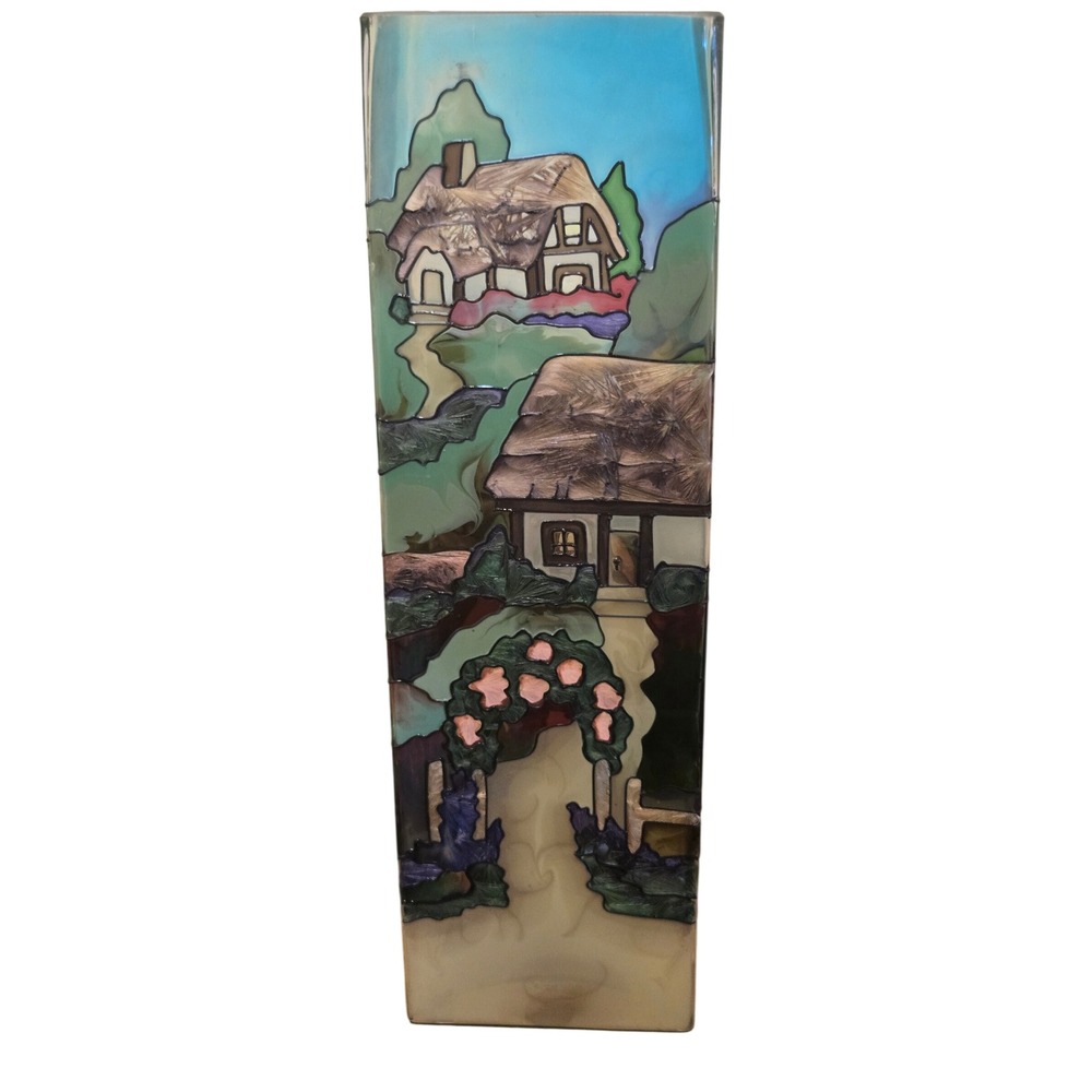 Hand Painted Glass Vase English Cottage Garden Stained Glass Style Joan Baker